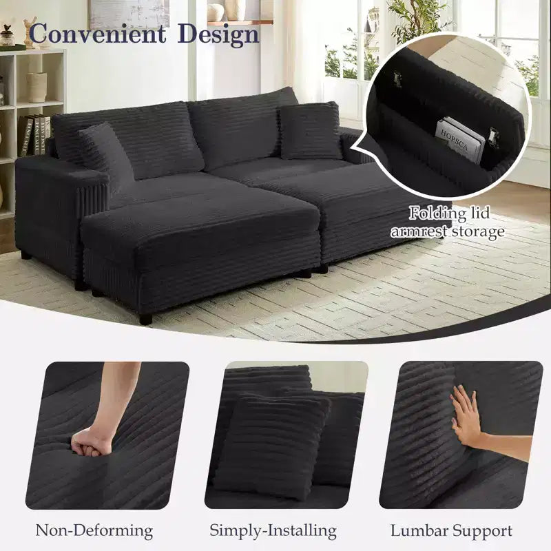 Mjkone Causeuse 2 places en velours côtelé avec pouf de rangement et accoudoir, canapé-lit inclinable rembourré pour l'intérieur