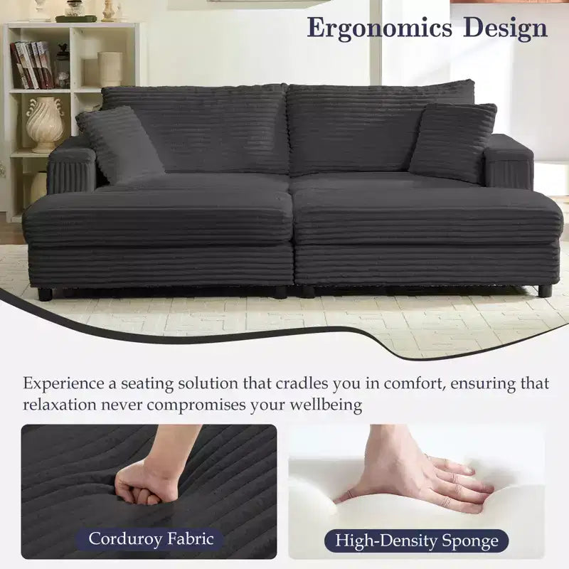 Mjkone Causeuse 2 places en velours côtelé avec pouf de rangement et accoudoir, canapé-lit inclinable rembourré pour l'intérieur