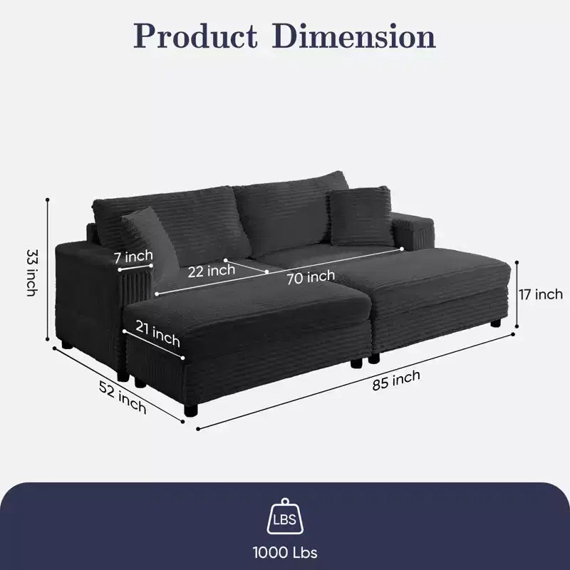 Mjkone Causeuse 2 places en velours côtelé avec pouf de rangement et accoudoir, canapé-lit inclinable rembourré pour l'intérieur