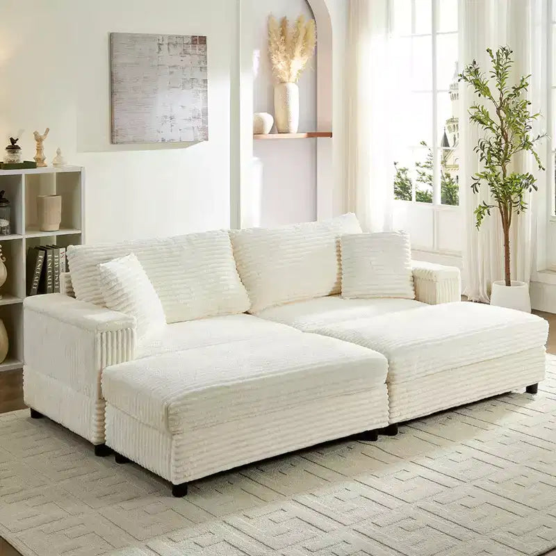 Mjkone Causeuse 2 places en velours côtelé avec pouf de rangement et accoudoir, canapé-lit inclinable rembourré pour l'intérieur