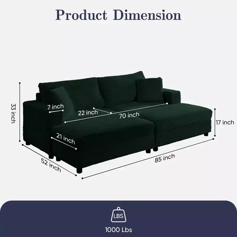 Mjkone Causeuse 2 places en velours côtelé avec pouf de rangement et accoudoir, canapé-lit inclinable rembourré pour l'intérieur
