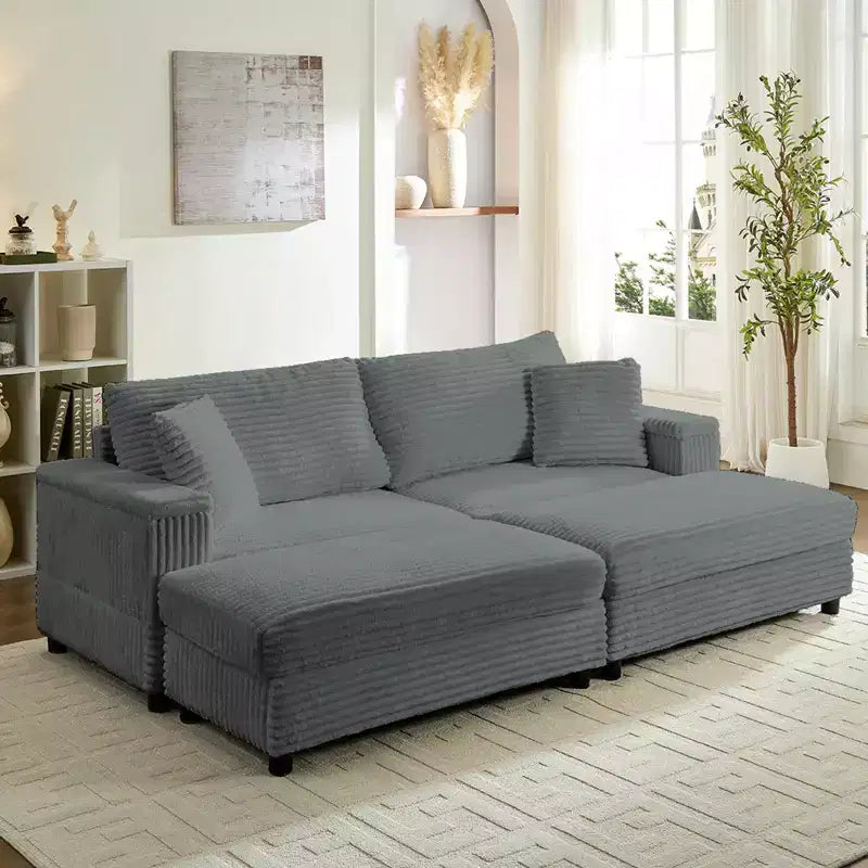 Mjkone Causeuse 2 places en velours côtelé avec pouf de rangement et accoudoir, canapé-lit inclinable rembourré pour l'intérieur