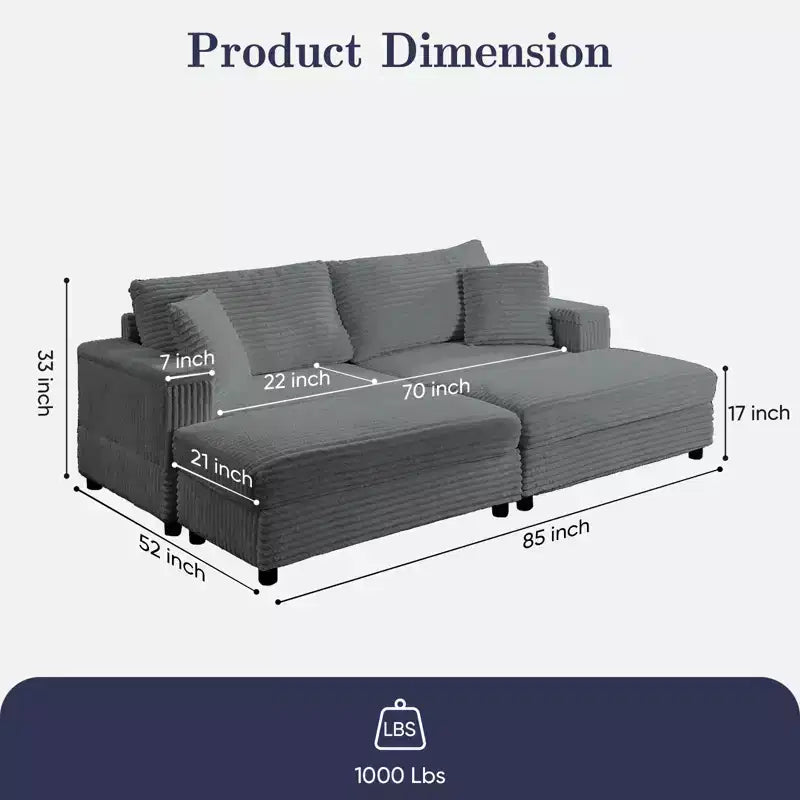 Mjkone Causeuse 2 places en velours côtelé avec pouf de rangement et accoudoir, canapé-lit inclinable rembourré pour l'intérieur