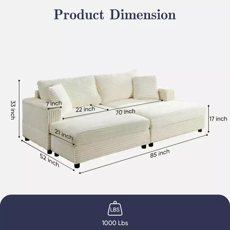 Mjkone Causeuse 2 places en velours côtelé avec pouf de rangement et accoudoir, canapé-lit inclinable rembourré pour l'intérieur
