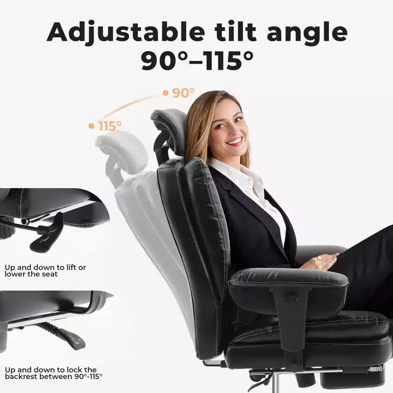 Chaise de bureau en cuir PU Fauteuil d'ordinateur avec soutien lombaire et dossier haut, Chaise de bureau ergonomique avec appui-tête relevable