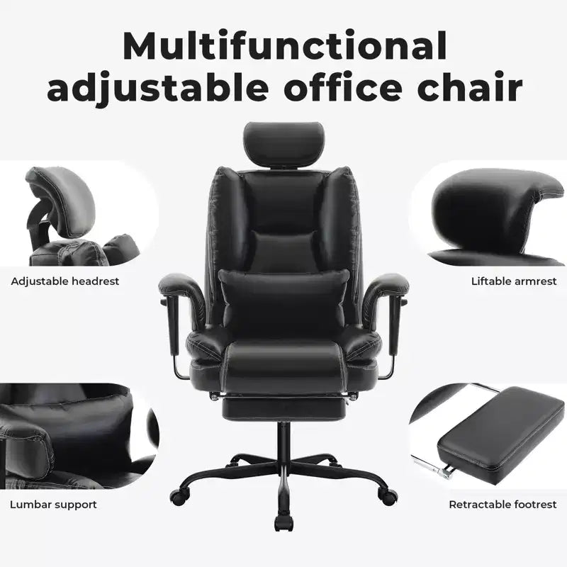 Chaise de bureau en cuir PU Fauteuil d'ordinateur avec soutien lombaire et dossier haut, Chaise de bureau ergonomique avec appui-tête relevable