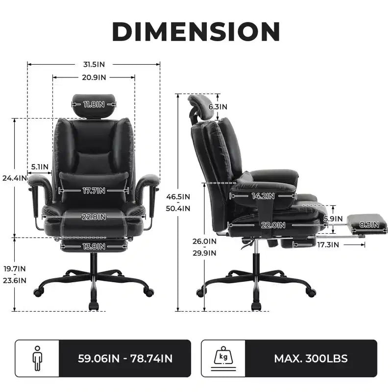 Chaise de bureau en cuir PU Fauteuil d'ordinateur avec soutien lombaire et dossier haut, Chaise de bureau ergonomique avec appui-tête relevable