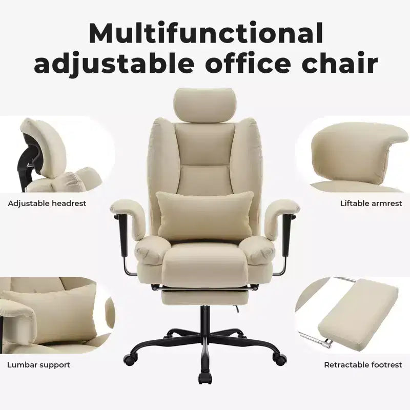 Chaise de bureau en cuir PU Fauteuil d'ordinateur avec soutien lombaire et dossier haut, Chaise de bureau ergonomique avec appui-tête relevable