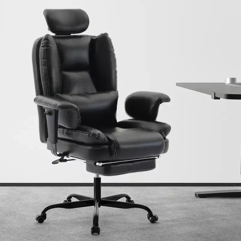 Chaise de bureau en cuir PU Fauteuil d'ordinateur avec soutien lombaire et dossier haut, Chaise de bureau ergonomique avec appui-tête relevable