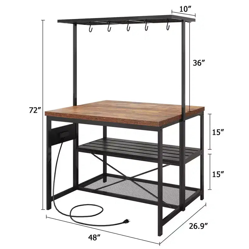 Îlot de cuisine avec rangement, étagère de boulanger, table d'îlot pour cuisine, étagère de micro-ondes à 3 niveaux, grande table de bar à café, étagère de rangement, 5 crochets