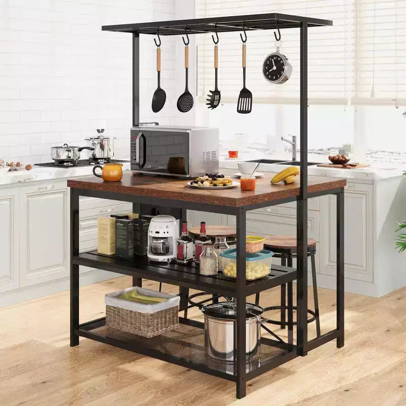 Îlot de cuisine avec rangement, étagère de boulanger, table d'îlot pour cuisine, étagère de micro-ondes à 3 niveaux, grande table de bar à café, étagère de rangement, 5 crochets