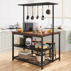 Îlot de cuisine avec rangement, étagère de boulanger, table d'îlot pour cuisine, étagère de micro-ondes à 3 niveaux, grande table de bar à café, étagère de rangement, 5 crochets