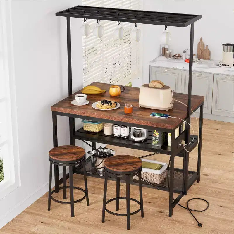 Îlot de cuisine avec rangement, étagère de boulanger, table d'îlot pour cuisine, étagère de micro-ondes à 3 niveaux, grande table de bar à café, étagère de rangement, 5 crochets