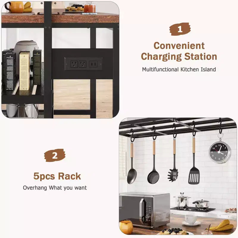 Îlot de cuisine avec rangement, étagère de boulanger, table d'îlot pour cuisine, étagère de micro-ondes à 3 niveaux, grande table de bar à café, étagère de rangement, 5 crochets