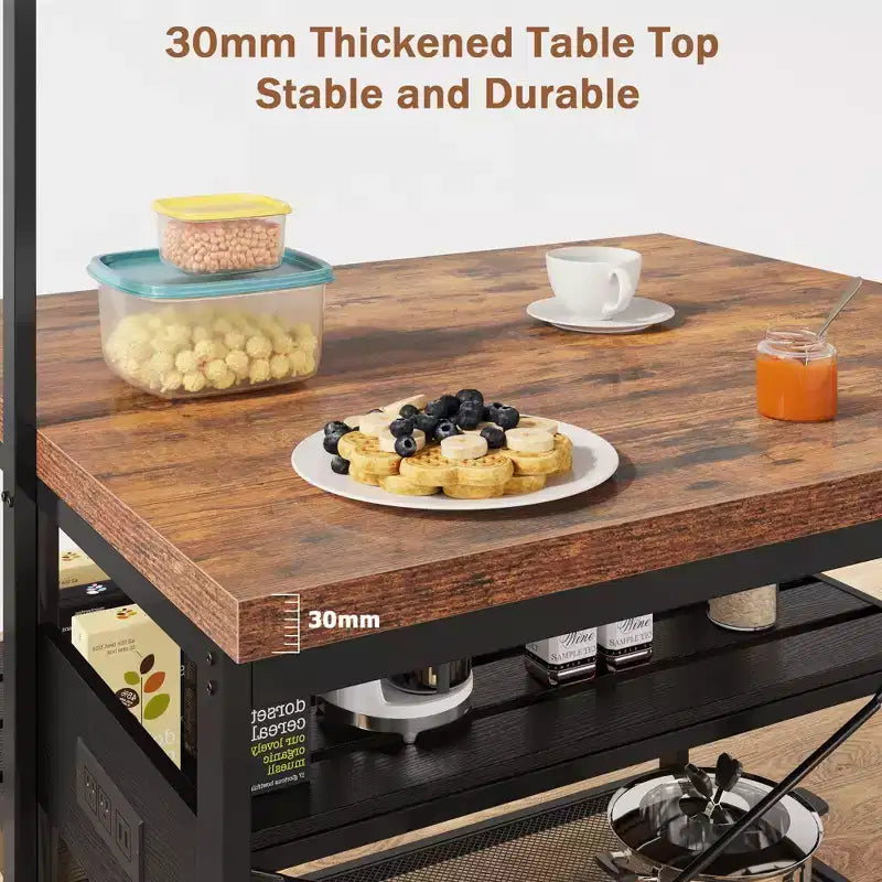 Îlot de cuisine avec rangement, étagère de boulanger, table d'îlot pour cuisine, étagère de micro-ondes à 3 niveaux, grande table de bar à café, étagère de rangement, 5 crochets