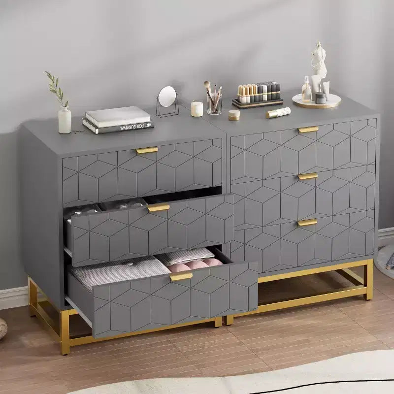 Commode Acekool à 3 tiroirs, buffet moderne avec pieds en métal doré, organisateur de rangement à panneaux sculptés pour chambre à coucher, salon, couloir