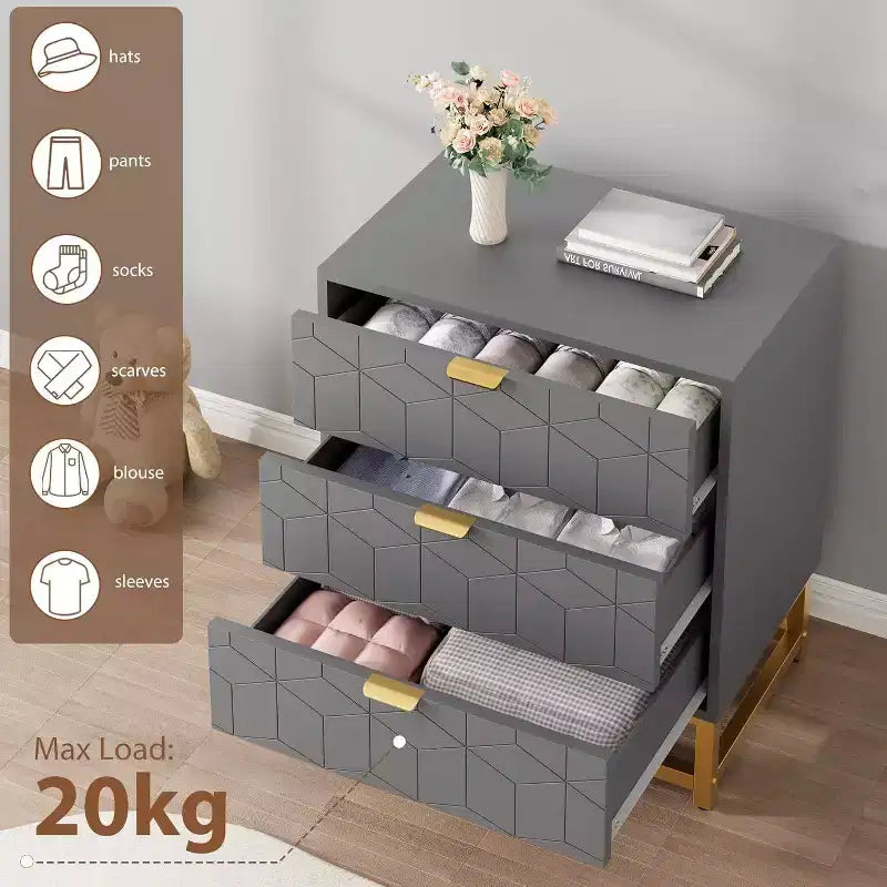 Commode Acekool à 3 tiroirs, buffet moderne avec pieds en métal doré, organisateur de rangement à panneaux sculptés pour chambre à coucher, salon, couloir