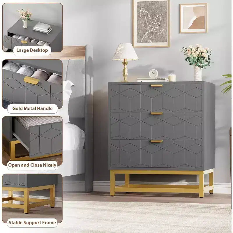 Commode Acekool à 3 tiroirs, buffet moderne avec pieds en métal doré, organisateur de rangement à panneaux sculptés pour chambre à coucher, salon, couloir