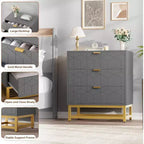 Commode Acekool à 3 tiroirs, buffet moderne avec pieds en métal doré, organisateur de rangement à panneaux sculptés pour chambre à coucher, salon, couloir