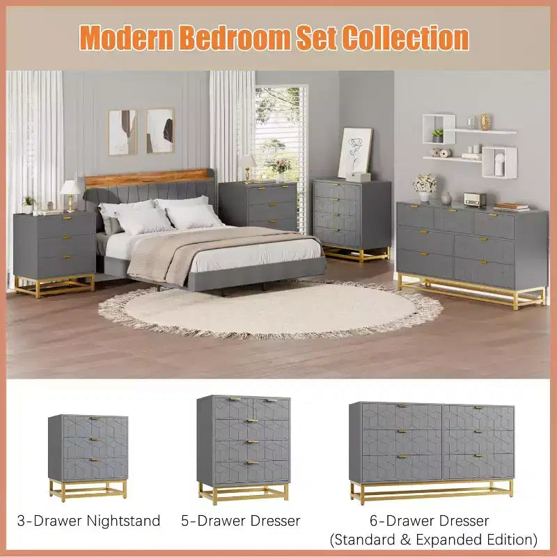 Commode Acekool à 3 tiroirs, buffet moderne avec pieds en métal doré, organisateur de rangement à panneaux sculptés pour chambre à coucher, salon, couloir