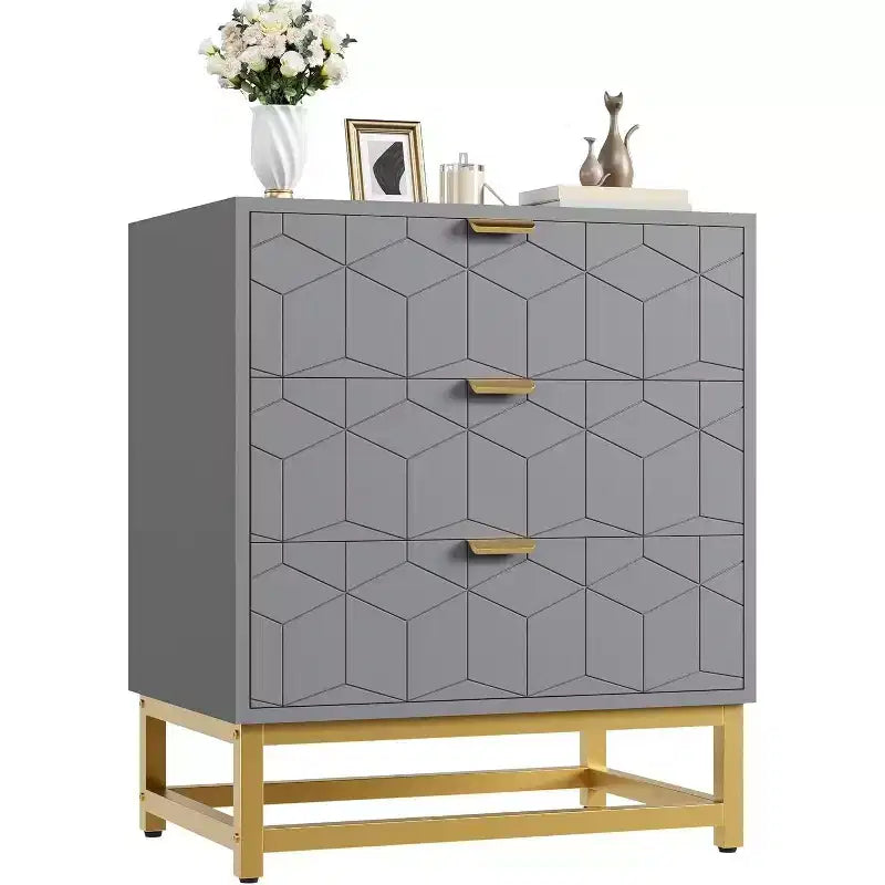 Commode Acekool à 3 tiroirs, buffet moderne avec pieds en métal doré, organisateur de rangement à panneaux sculptés pour chambre à coucher, salon, couloir