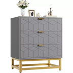 Commode Acekool à 3 tiroirs, buffet moderne avec pieds en métal doré, organisateur de rangement à panneaux sculptés pour chambre à coucher, salon, couloir