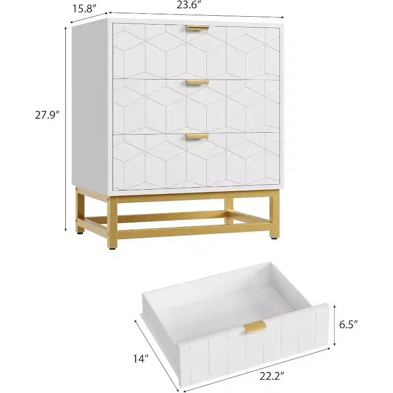 Commode Acekool à 3 tiroirs, buffet moderne avec pieds en métal doré, organisateur de rangement à panneaux sculptés pour chambre à coucher, salon, couloir