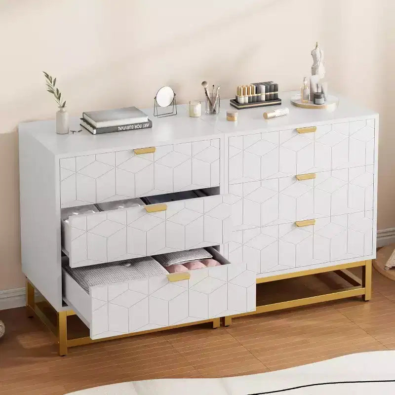 Commode Acekool à 3 tiroirs, buffet moderne avec pieds en métal doré, organisateur de rangement à panneaux sculptés pour chambre à coucher, salon, couloir