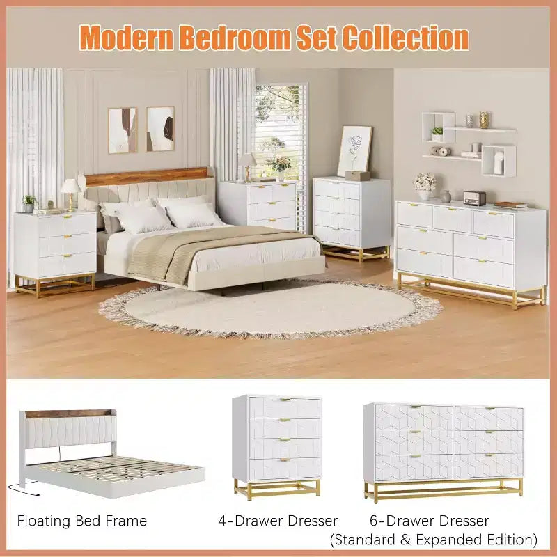 Commode Acekool à 3 tiroirs, buffet moderne avec pieds en métal doré, organisateur de rangement à panneaux sculptés pour chambre à coucher, salon, couloir
