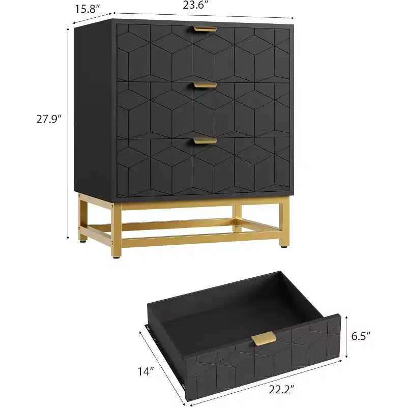 Commode Acekool à 3 tiroirs, buffet moderne avec pieds en métal doré, organisateur de rangement à panneaux sculptés pour chambre à coucher, salon, couloir