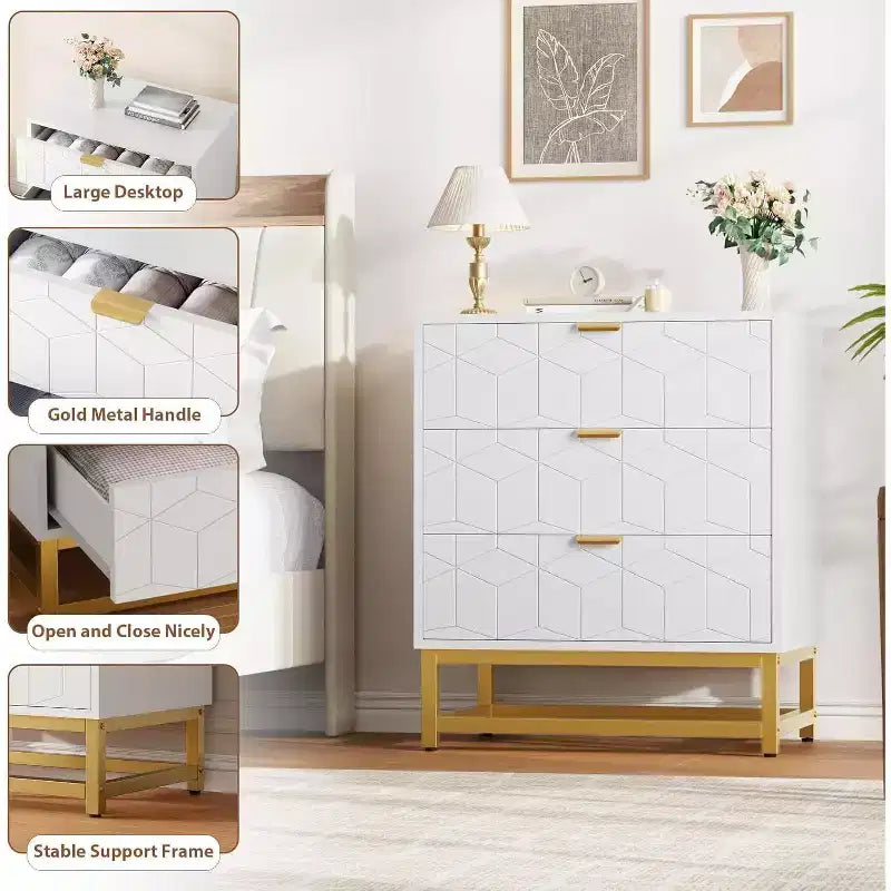Commode Acekool à 3 tiroirs, buffet moderne avec pieds en métal doré, organisateur de rangement à panneaux sculptés pour chambre à coucher, salon, couloir