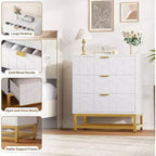 Commode Acekool à 3 tiroirs, buffet moderne avec pieds en métal doré, organisateur de rangement à panneaux sculptés pour chambre à coucher, salon, couloir