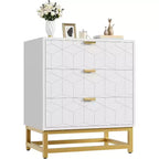 Commode Acekool à 3 tiroirs, buffet moderne avec pieds en métal doré, organisateur de rangement à panneaux sculptés pour chambre à coucher, salon, couloir