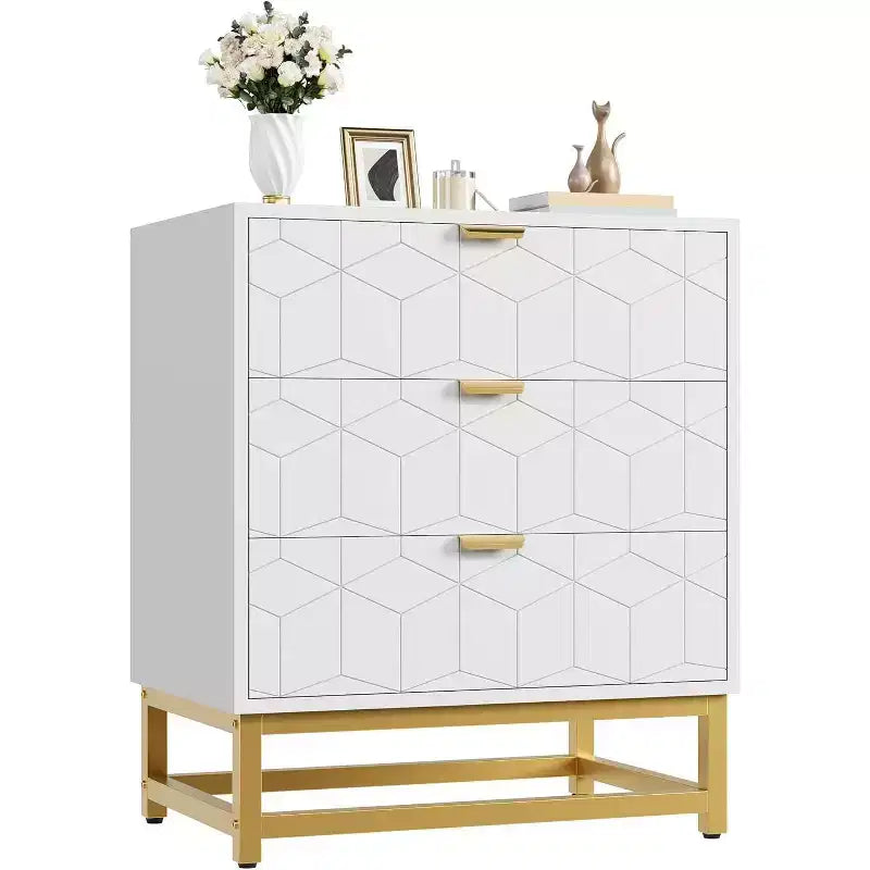 Commode Acekool à 3 tiroirs, buffet moderne avec pieds en métal doré, organisateur de rangement à panneaux sculptés pour chambre à coucher, salon, couloir