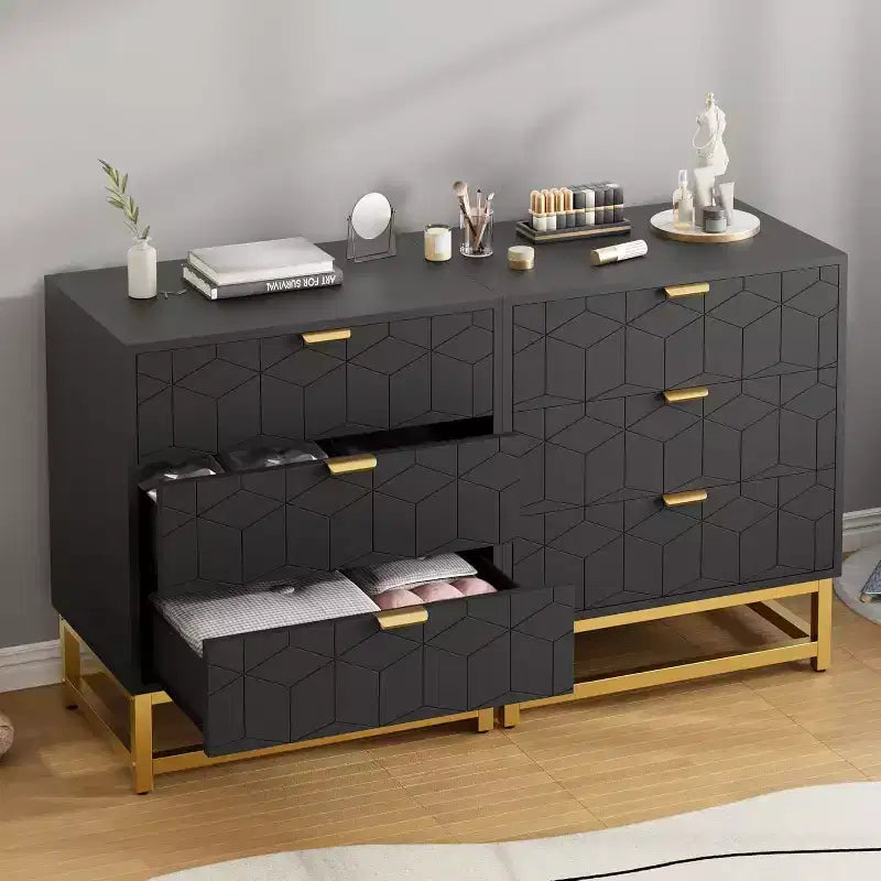 Commode Acekool à 3 tiroirs, buffet moderne avec pieds en métal doré, organisateur de rangement à panneaux sculptés pour chambre à coucher, salon, couloir