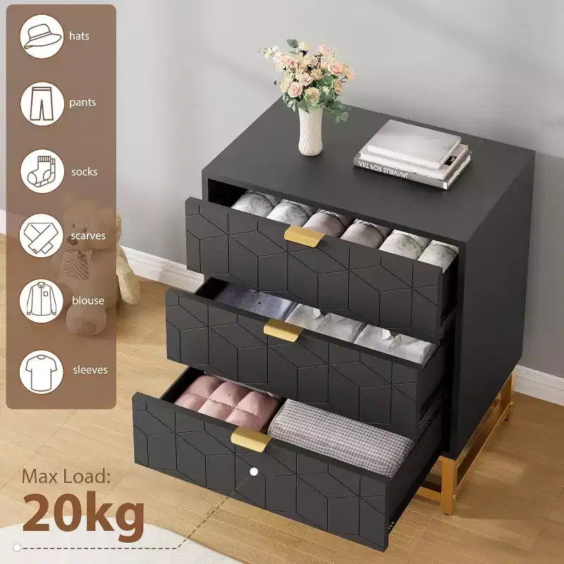 Commode Acekool à 3 tiroirs, buffet moderne avec pieds en métal doré, organisateur de rangement à panneaux sculptés pour chambre à coucher, salon, couloir