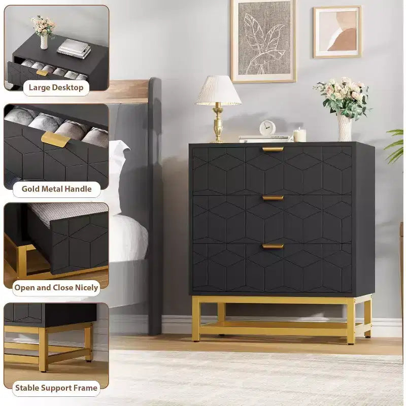 Commode Acekool à 3 tiroirs, buffet moderne avec pieds en métal doré, organisateur de rangement à panneaux sculptés pour chambre à coucher, salon, couloir