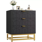 Commode Acekool à 3 tiroirs, buffet moderne avec pieds en métal doré, organisateur de rangement à panneaux sculptés pour chambre à coucher, salon, couloir
