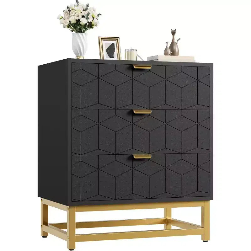 Commode Acekool à 3 tiroirs, buffet moderne avec pieds en métal doré, organisateur de rangement à panneaux sculptés pour chambre à coucher, salon, couloir