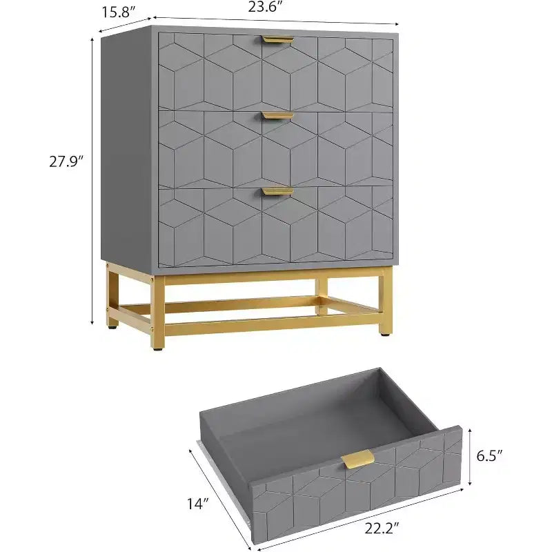 Commode Acekool à 3 tiroirs, buffet moderne avec pieds en métal doré, organisateur de rangement à panneaux sculptés pour chambre à coucher, salon, couloir