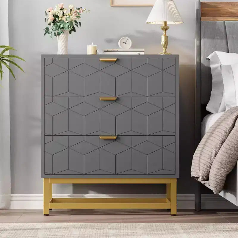 Commode Acekool à 3 tiroirs, buffet moderne avec pieds en métal doré, organisateur de rangement à panneaux sculptés pour chambre à coucher, salon, couloir