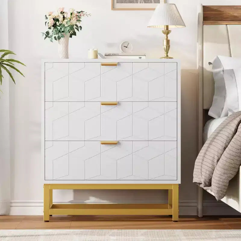 Commode Acekool à 3 tiroirs, buffet moderne avec pieds en métal doré, organisateur de rangement à panneaux sculptés pour chambre à coucher, salon, couloir