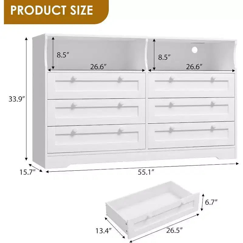 Acekool 55 Grande commode 6 tiroirs avec prise de courant et lumières LED, grande commode moderne, meuble TV large pour chambre à coucher, salon, couloir