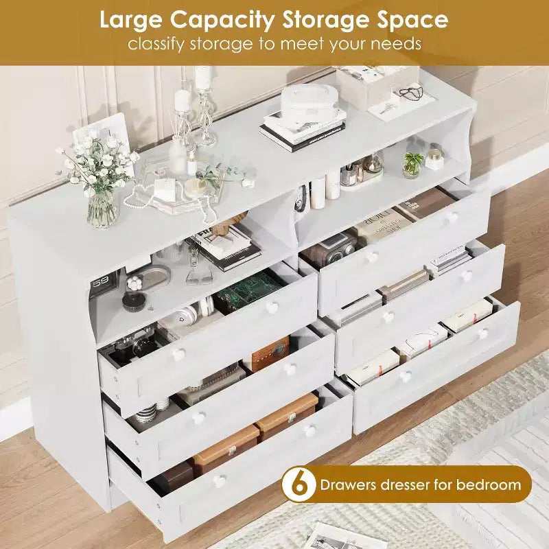 Acekool 55 Grande commode 6 tiroirs avec prise de courant et lumières LED, grande commode moderne, meuble TV large pour chambre à coucher, salon, couloir