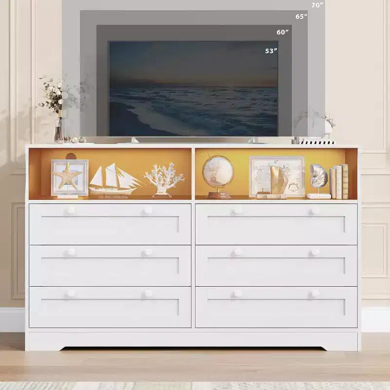 Acekool 55 Grande commode 6 tiroirs avec prise de courant et lumières LED, grande commode moderne, meuble TV large pour chambre à coucher, salon, couloir