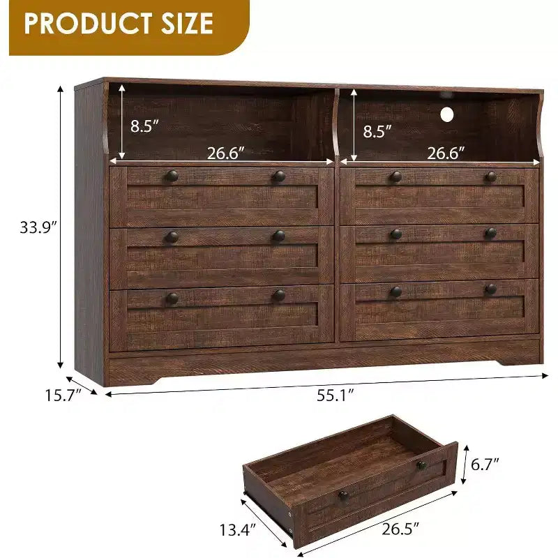Acekool 55 Grande commode 6 tiroirs avec prise de courant et lumières LED, grande commode moderne, meuble TV large pour chambre à coucher, salon, couloir