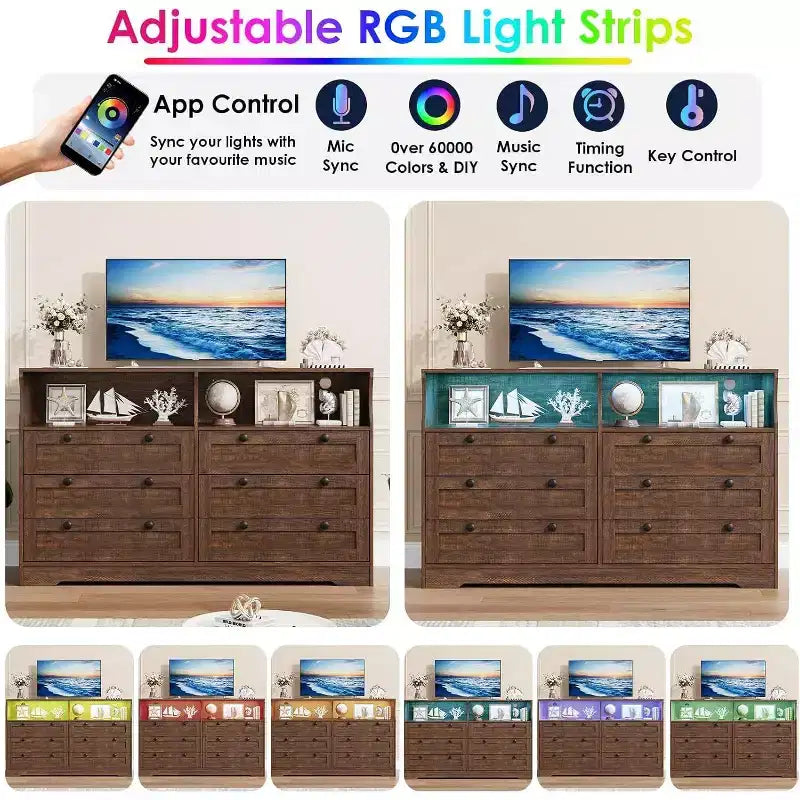 Acekool 55 Grande commode 6 tiroirs avec prise de courant et lumières LED, grande commode moderne, meuble TV large pour chambre à coucher, salon, couloir