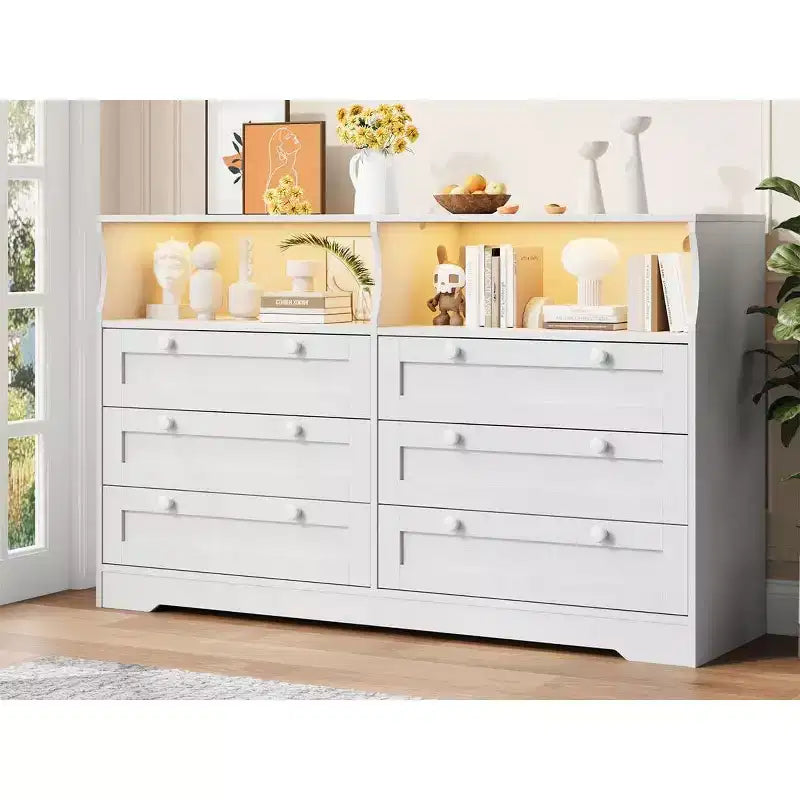 Acekool 55 Grande commode 6 tiroirs avec prise de courant et lumières LED, grande commode moderne, meuble TV large pour chambre à coucher, salon, couloir