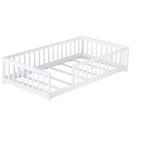 Lit double MAYEERTY au sol avec clôture sans porte, Garde-corps en bois d'hévéa blanc