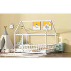 MAYEERTY Full House Floor Wooden Bed with Floor Frames, Safety Guardrails White